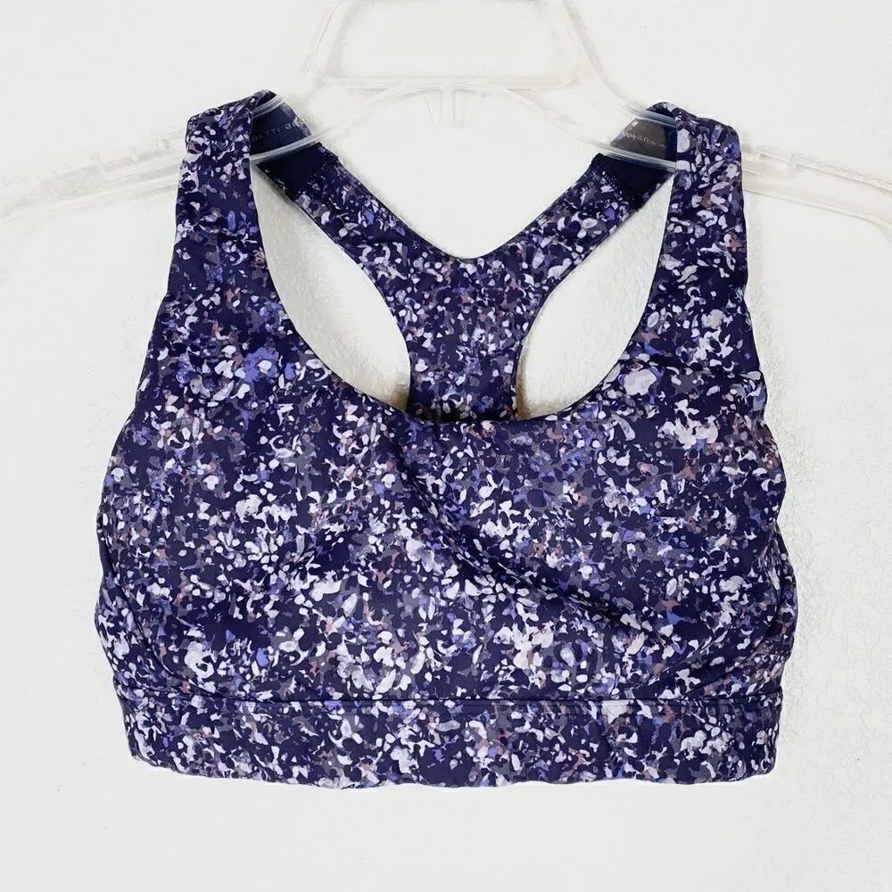 Athleta Ultimate Printed Purple Spot Cutout Racerback Sportsbra